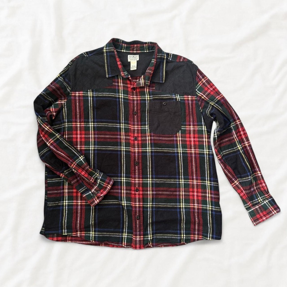 LL Bean Men XXL Black Red Plaid Flannel Button Down Canvas Patch Shirt 517599